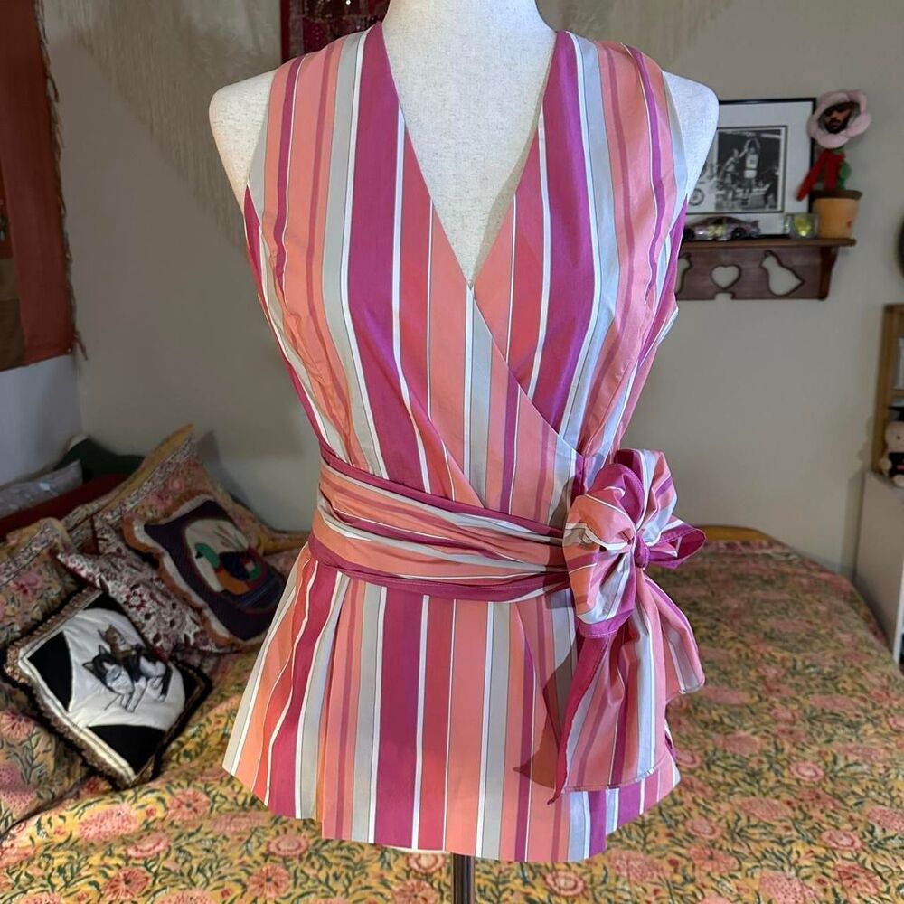 True Y2K “Etcetera” Pink Striped Faux Wrap Tank Top w/ Bow Detail